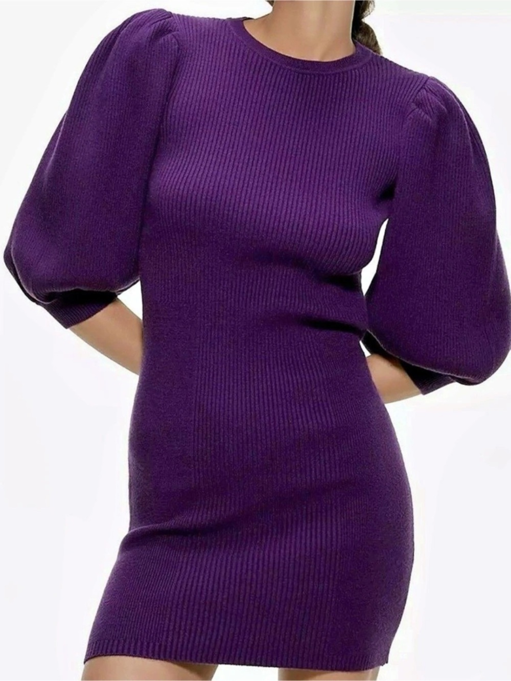 Zara Ribbed Knit Mini Sweater Dress Purple Puff Sleeve Mini Dress Like New